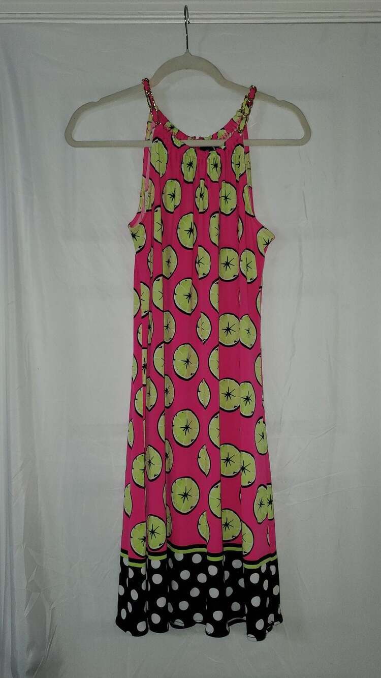 Kaari Blue Pink Lime Print Polka Dot Hem Halter Dress Size M